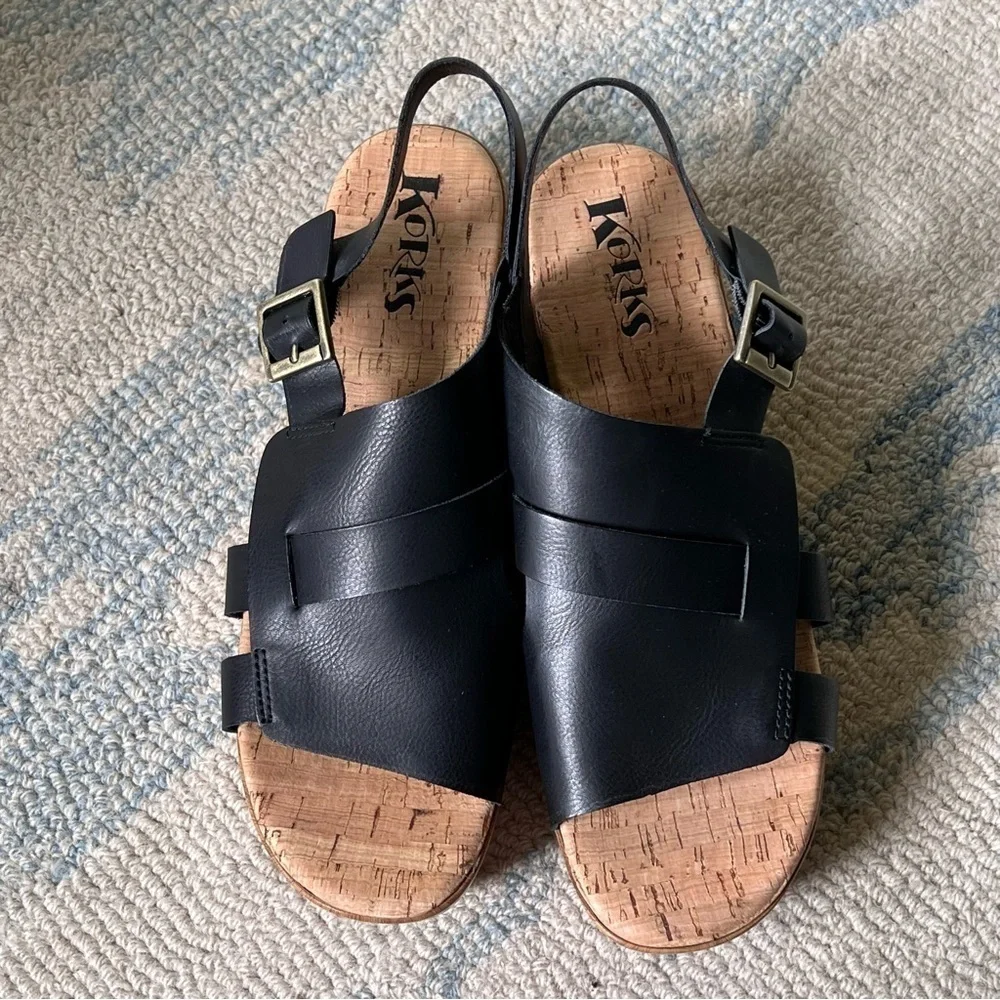 KORKS STRAPPY WOODEN PLATFORM CHUNKY SANDALS SIZE 9 BLACK - Picture 9 of 9